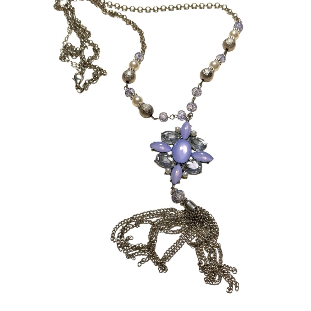 Lavender dreamy Fairycore long beaded Silver‎ tone Necklace